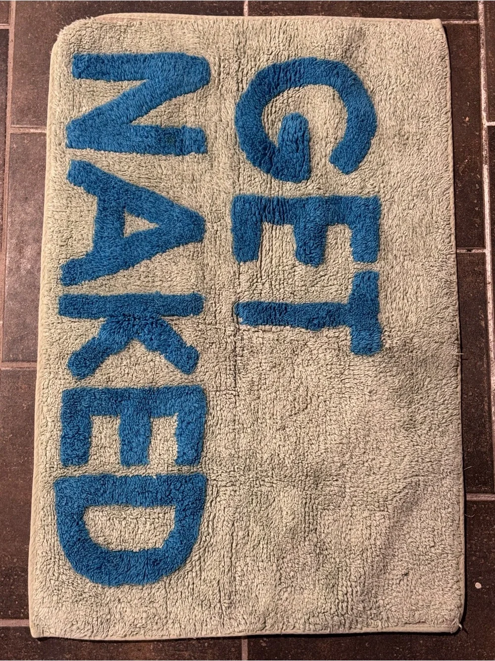 Urban Outfitters Blue 'Get Naked' Bath Rug - Blue Letters on Light Gray